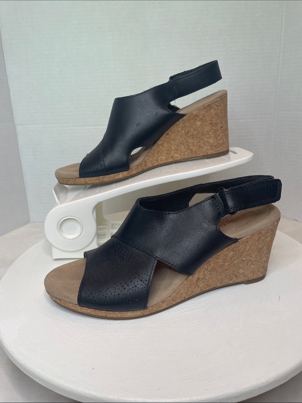 Clarks Black Leather Cork Wedge Slingback‎ Sandals